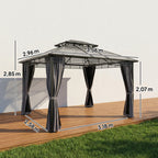 3 x 3.6 m Outdoor Hardtop Gazebo Canopy with 2-Tier Roof, Permanent Pavilion Garden Metal Gazebo with Sides, Dark Grey