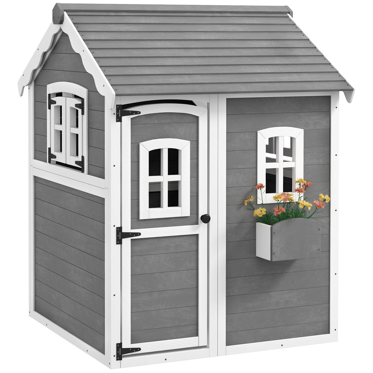 Spielhaus für Kinder, Indoor- und Outdoor-Haus mit Tür, Fenstern und Pflanzkasten, Tannenholz, Grau
