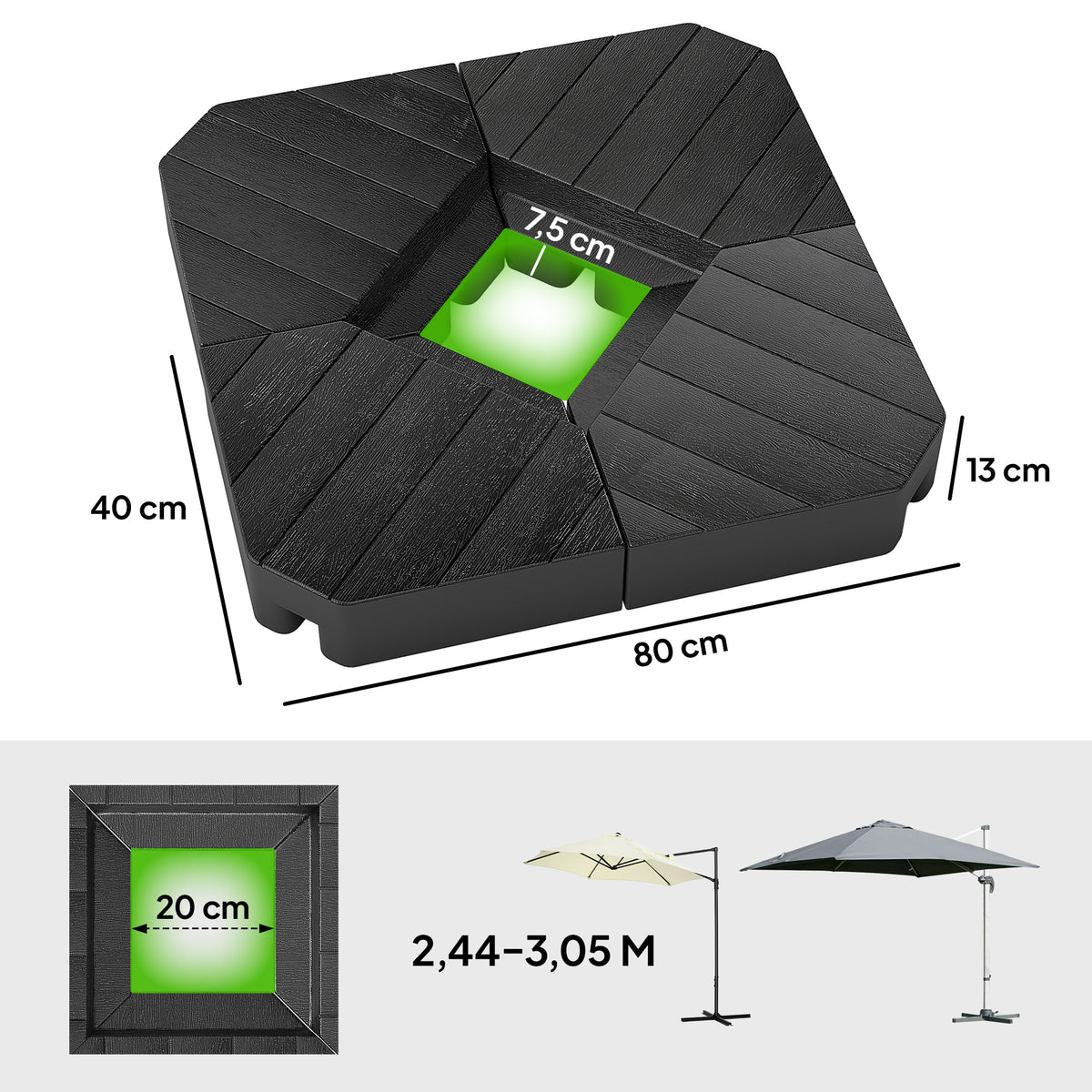 Basisgewichte f¨¹r Sonnenschirmst?nder, mit Wasser und Sand bef¨¹llbar, Kunststoff, 80L x 80B x 13H cm, Schwarz