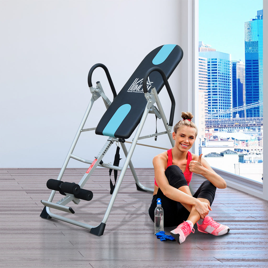 Inversionsbank klappbar Schwerkrafttrainer mit Sicherheitsgurt Inversionstisch bis 136kg Stahl Silber+Schwarz+Blau