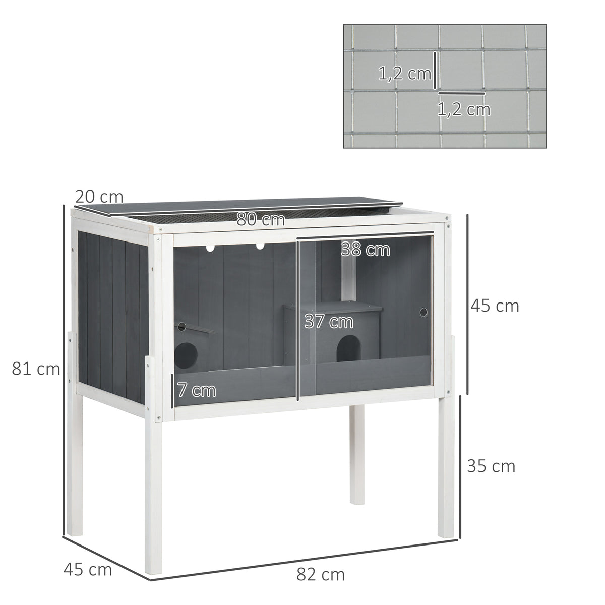 Wooden Hamster Cage for Dwarf Hamsters, Gerbils, Rutin Chicken, with Shelf, Two Huts - Grey
