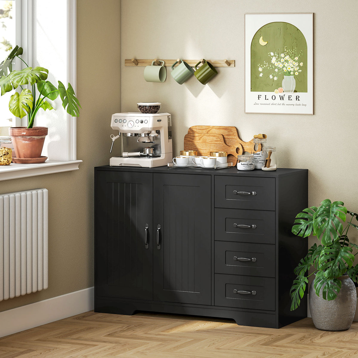 Sideboard, Kommode, moderner Stil, 4 Schubladen, 1 Schrank, 105 x 40 x 76 cm, Schwarz
