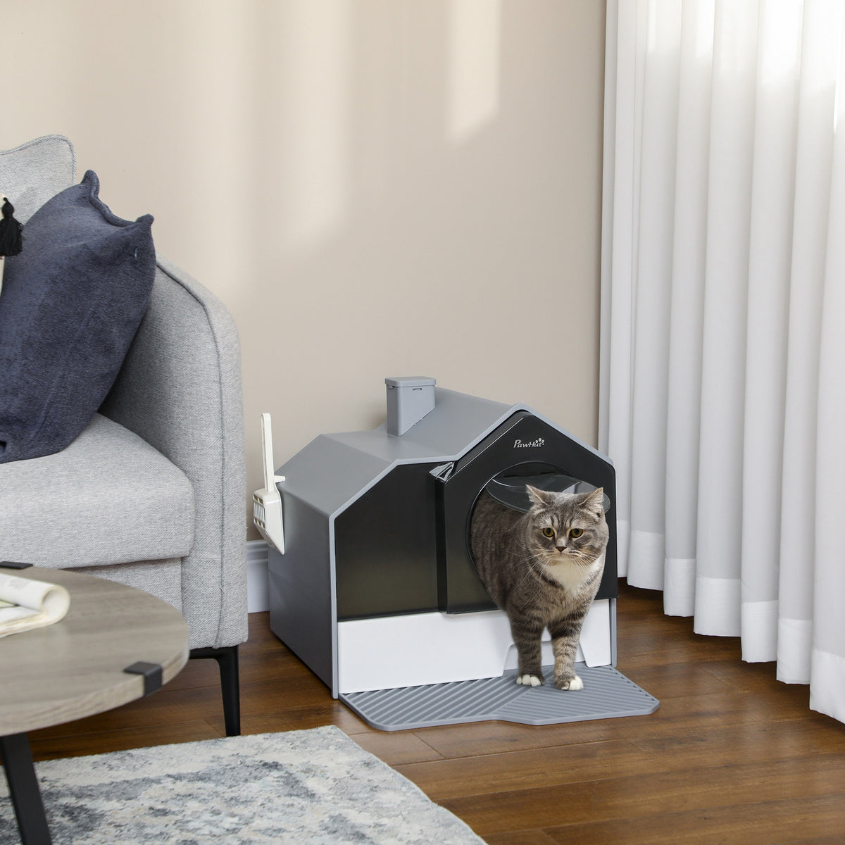 Katzentoilette im niedlichen Design, 1 Siebvorleger, 1 Streuschaufel, herausnehmbare Bodenwanne, Grau