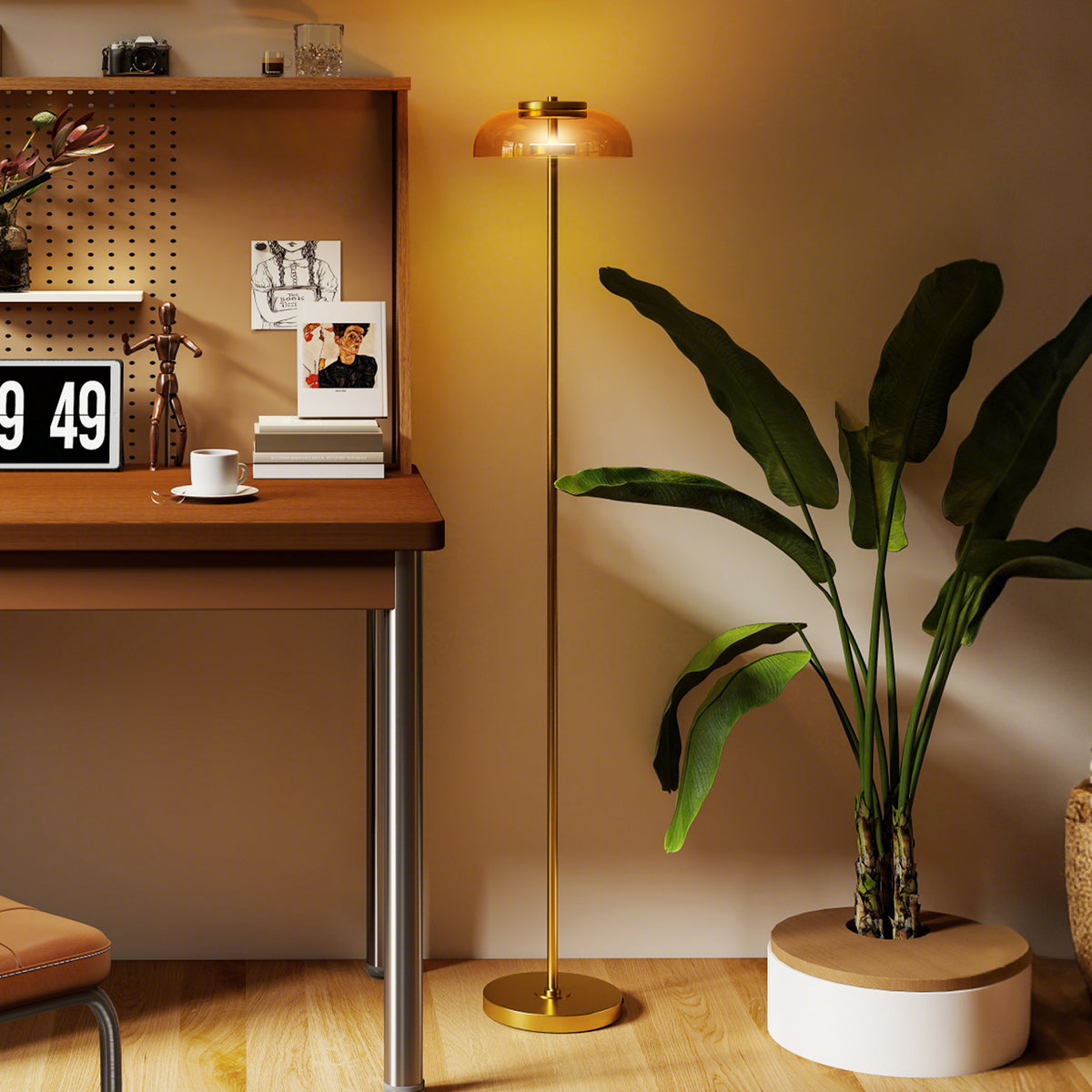 LED Stehlampe Wohnzimmer, Stehleuchte mit 3000 K warmem Licht, Fußschalter, 25 x 25 x 134 cm, Messing