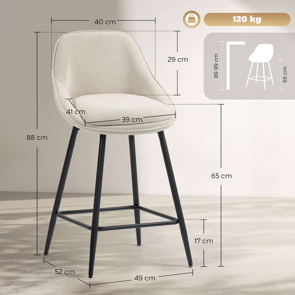2er-Set Barstühle mit Cordbezug und Stahlbeinen, Polsterstühle für Kücheninsel, Esszimmer, Creme