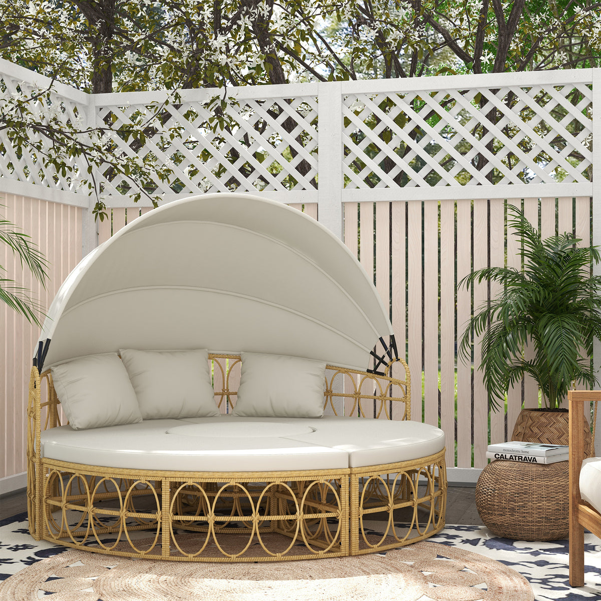 Sonneninsel, 4-teilig, ausziehbares Dach, 5 Kissen, Rattanoptik, 178B x 85T x 66,5H cm, Beige