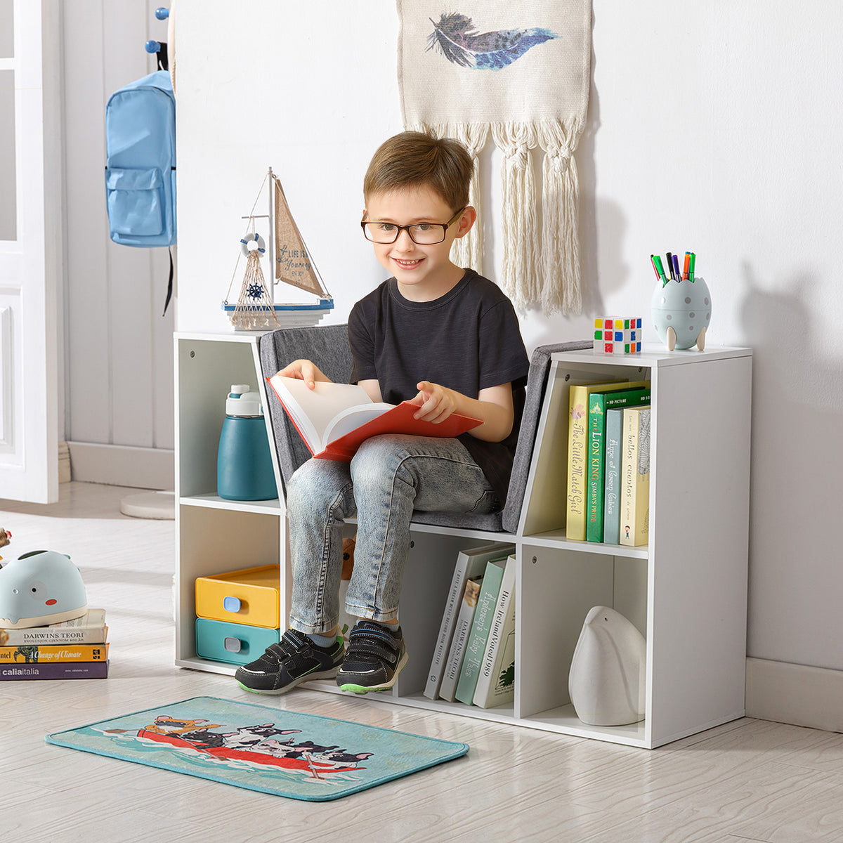 2-in-1 Kinderregal Regal + Sitzbank inkl. Polster 103 cm × 30 cm × 62 cm Weiß + Grau