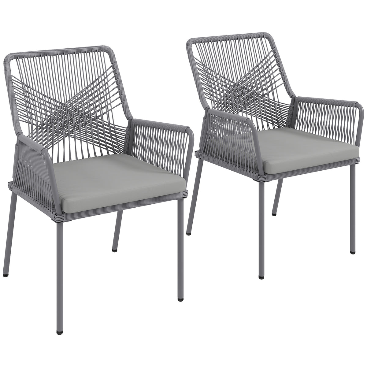 2er-Set Gartenstühle, Terrassenstühle, waschbare Kissen, Rückenlehne, Armlehnen, Stahl, Rattan, Dunkelgrau