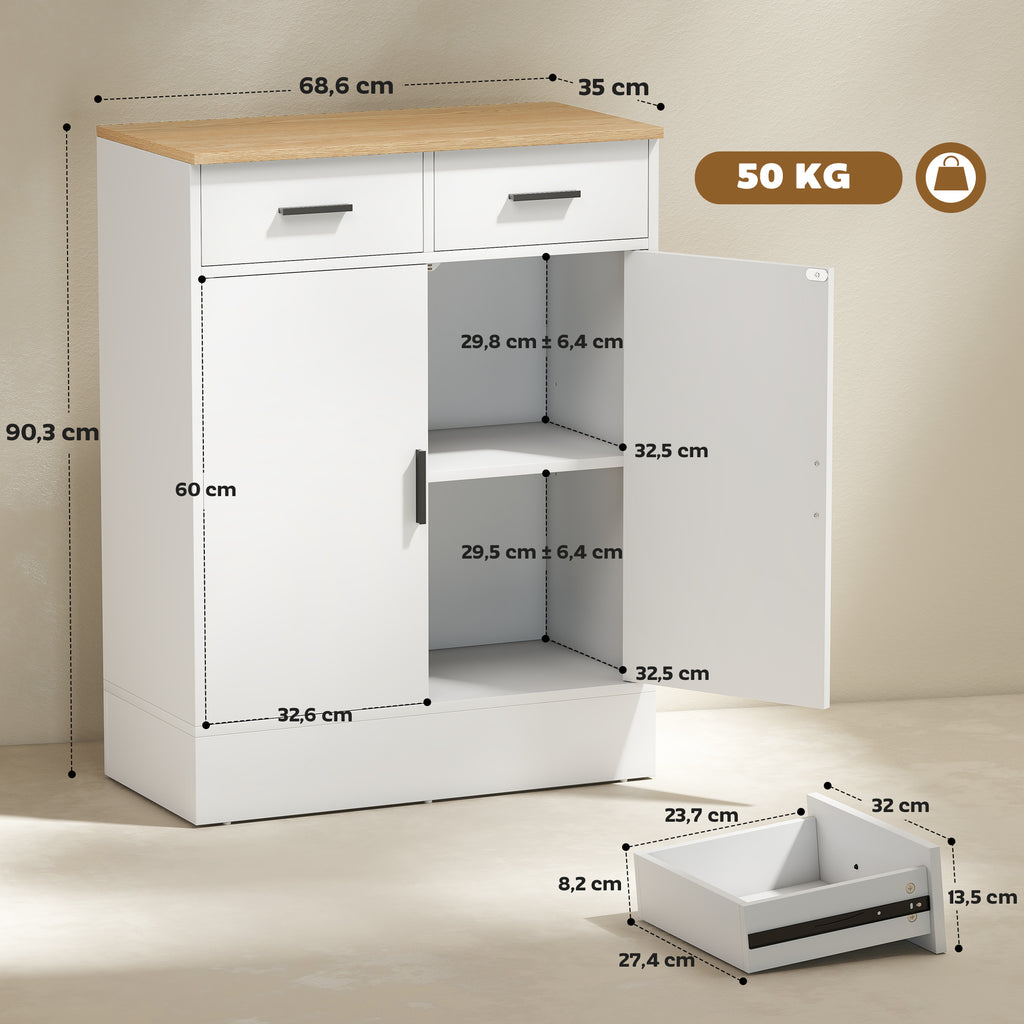 Sideboard mit Stauraum, Kommode mit 2 Schubladen, verstellbares Regal, f¨¹r K¨¹che, Wohnzimmer, Flur, Naturholz, Wei?