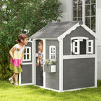 Spielhaus für Kinder, Indoor- und Outdoor-Haus mit Tür, Fenstern und Pflanzkasten, Tannenholz, Grau