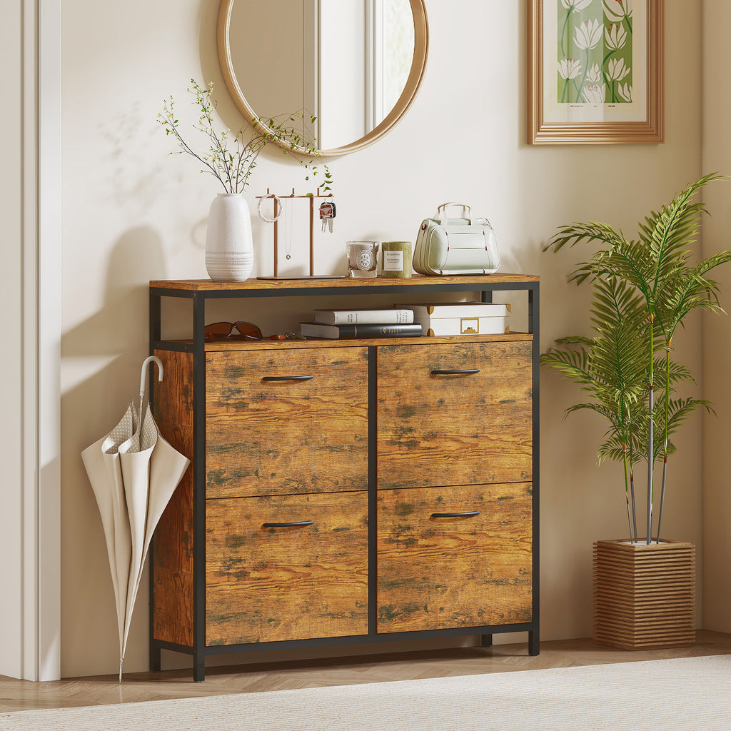 Shoe Storage Cabinet with 4 Flip Drawers and Open Shelf - Rustic Brown