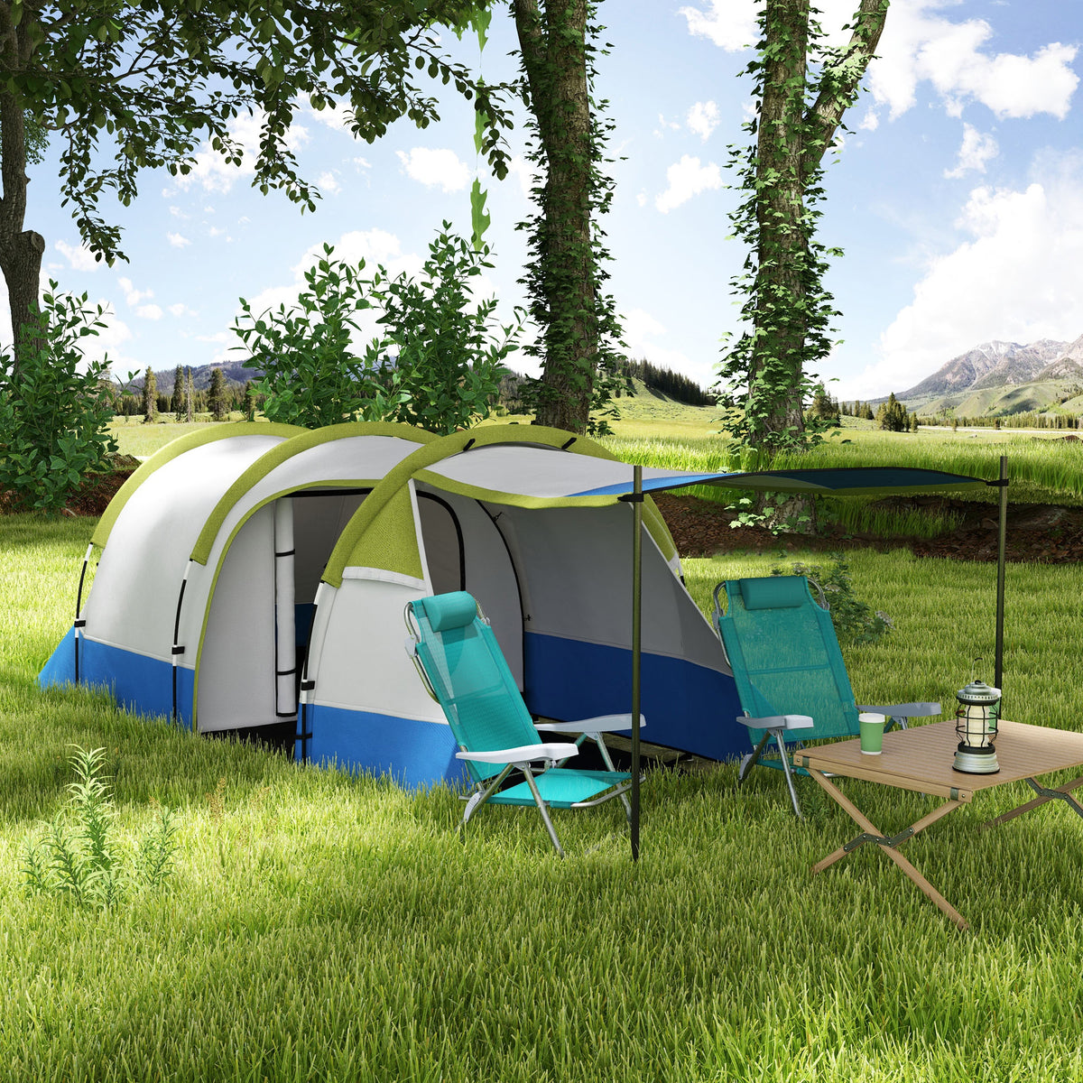 Two Man Two-Room Tent, with Porch and Accessories - Green