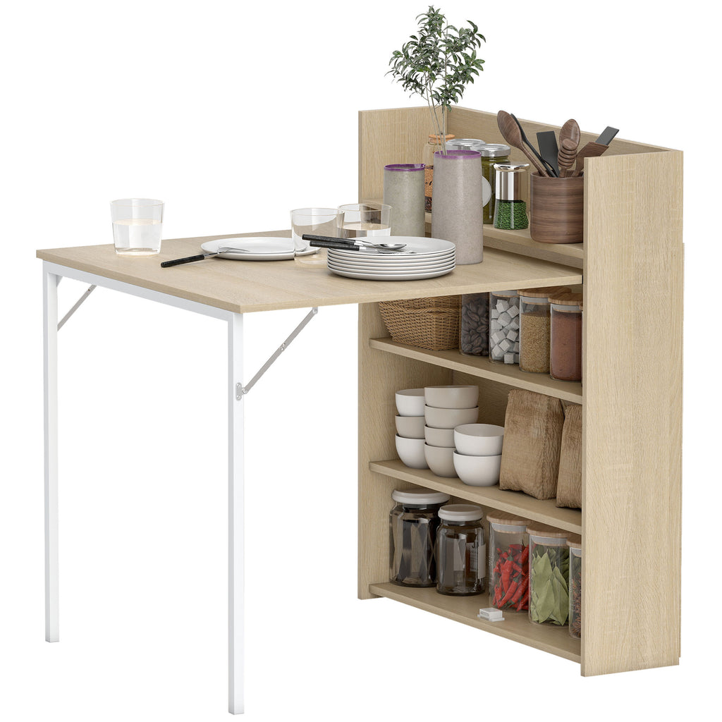 Kitchen Table, Folding Dining Table, with 4-Tier Shelves, Modern Drop-Leaf Table, Oak Wood Effect