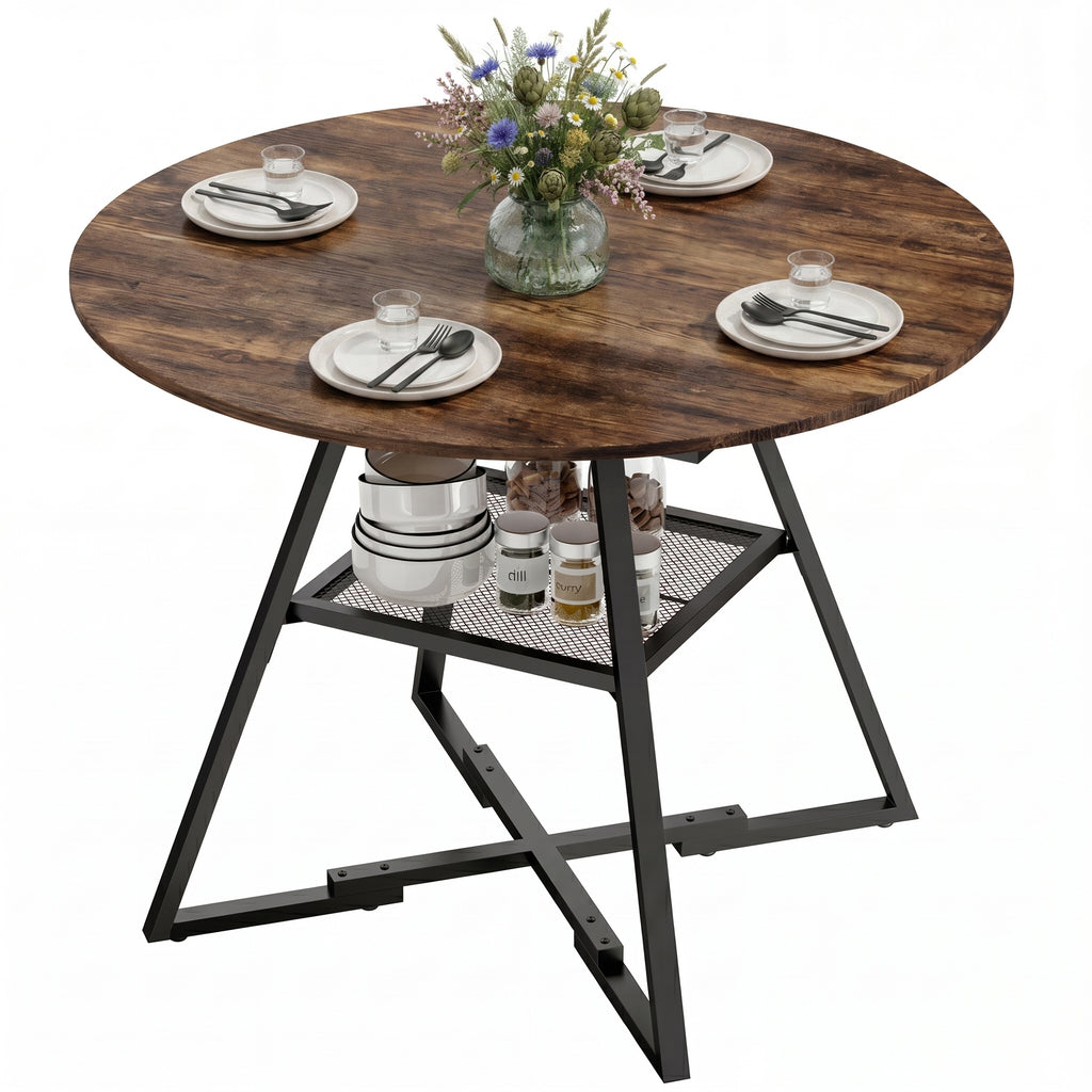 Dining Table for 4 People, 100 cm Round Industrial Kitchen Table with Storage Shelf, Rustic Brown
