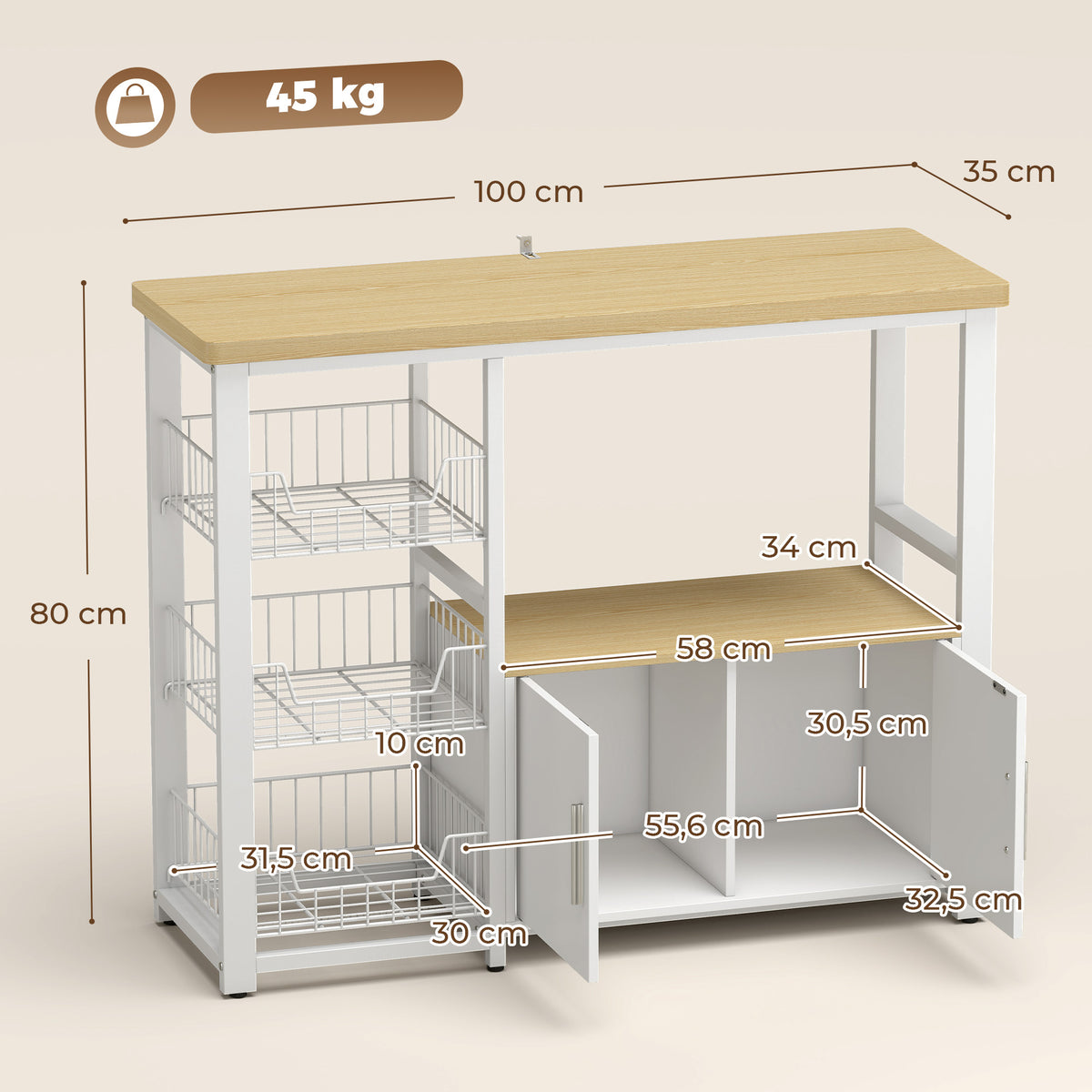 Küchenregal mit Stauraum, Mikrowellenregal mit 3 Körben und Schrank, 100 x 35 x 80 cm, Weiß