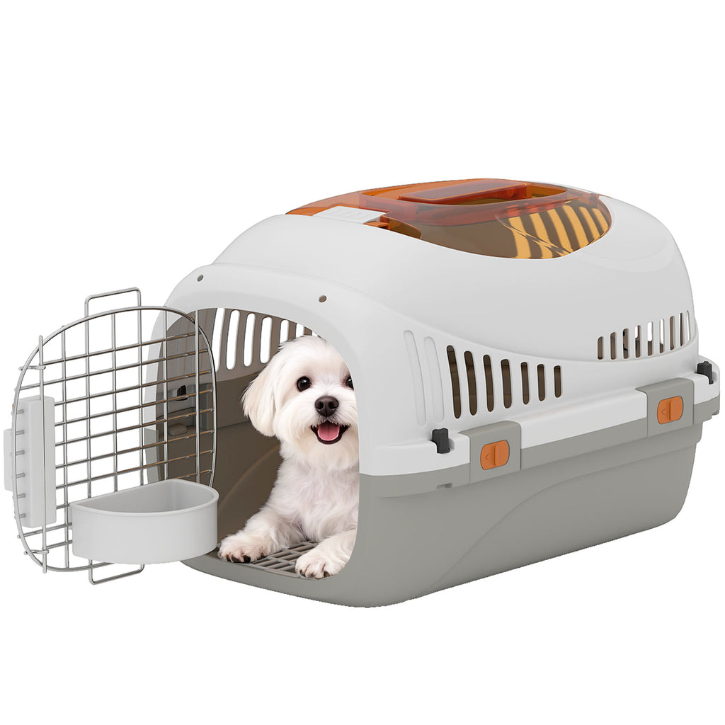 Plastic Pet Carrier Hard Shell Dog Cat Carrier Max 4 KG Steel Door Feed Bowl Secure Lock 49 x 32 x 31 cm