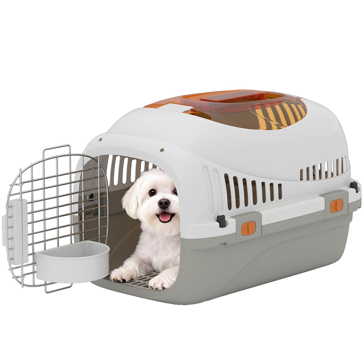 Plastic Pet Carrier Hard Shell Dog Cat Carrier Max 4 KG Steel Door Feed Bowl Secure Lock 49 x 32 x 31 cm