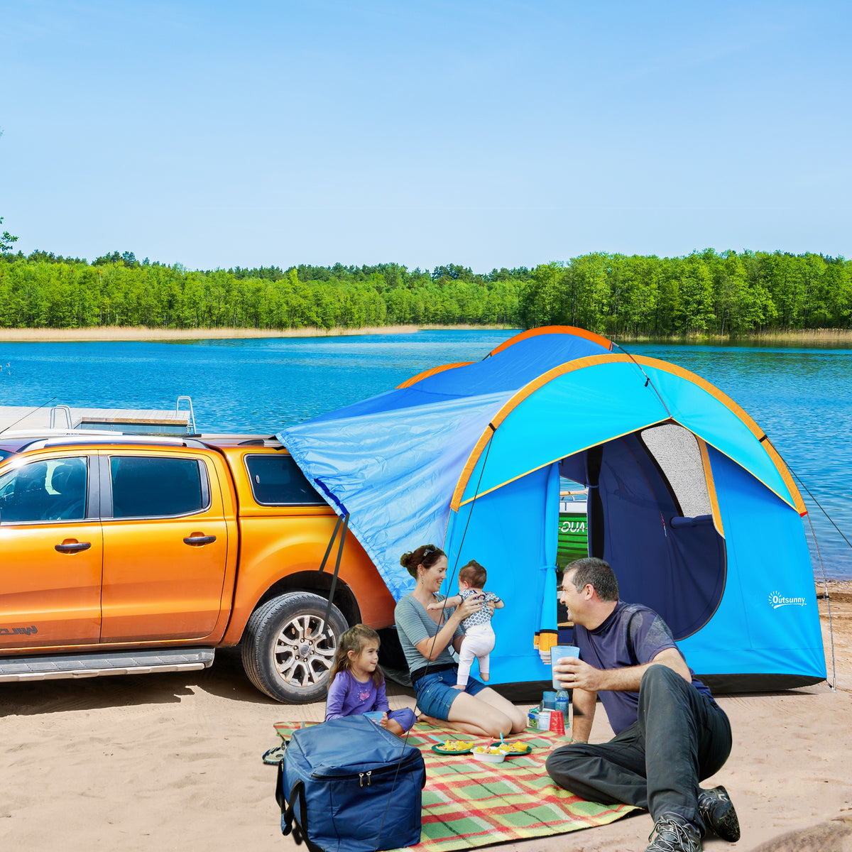 Autozelt Campingzelt, 3 Türen, wetterbeständig, 239cm x 210cm x 210cm, Orange + Blau