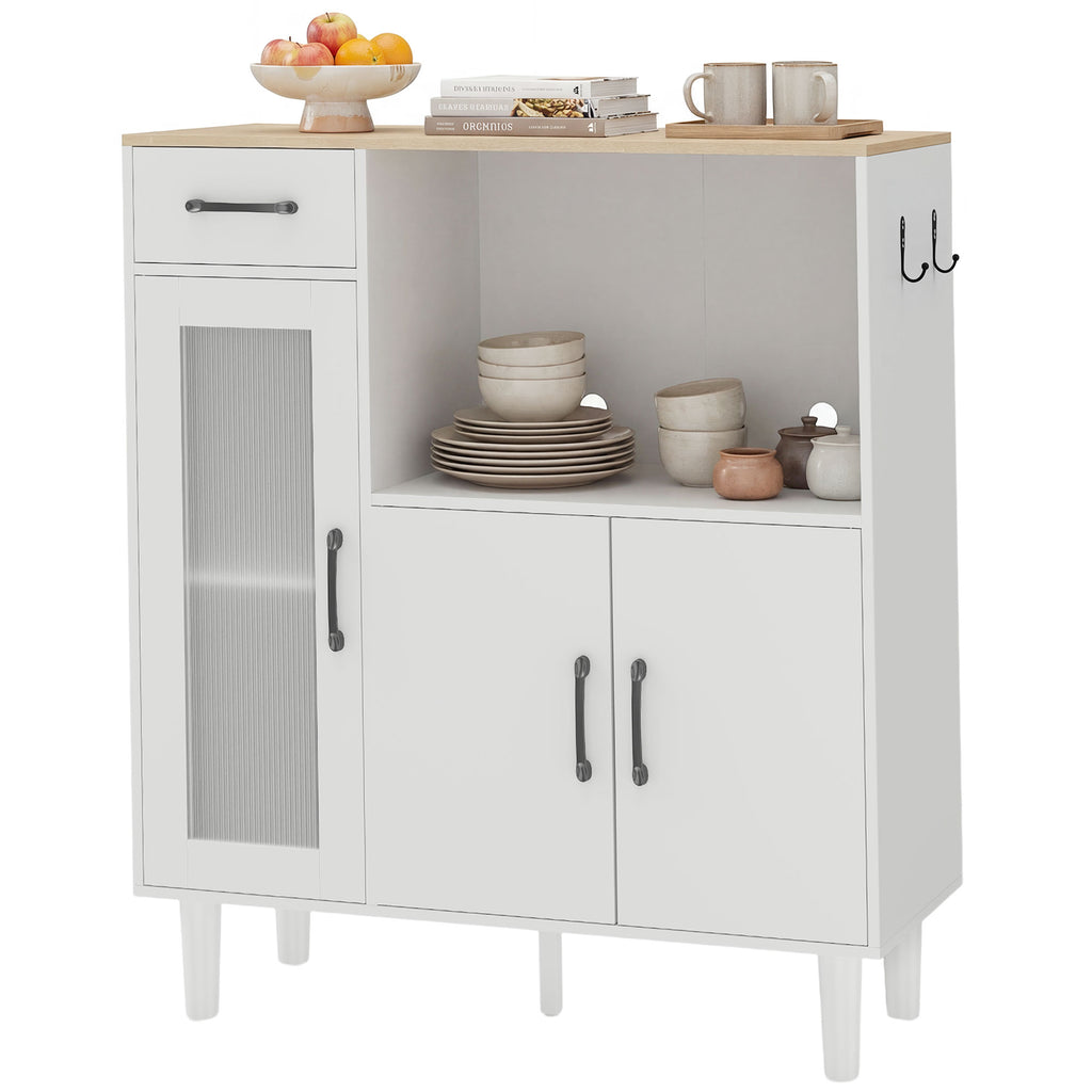 Sideboard Küchenschrank mit Schublade, 2 Schränken, Offenem Fach, geriffelter Acrylglastür 80 x 34 x 91 cm Weiß+Eiche