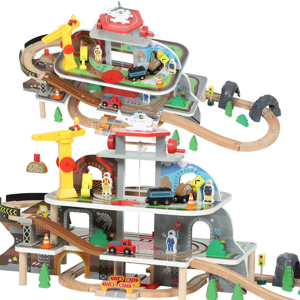 79 Piece Wooden Train Set, Kids Train Track Mine Themed with Crane, Helicopter