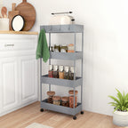 K¨¹chenwagen mit 4 Regalen, 4 flexiblen Haken, 4 Rollen, 40 cm x 19 cm x 90 cm, Nischenwagen, Grau