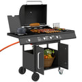 Fahrbarer Gasgrill mit Stauraum, Seitentisch, Seitenbrenner, Warmhalterost, Thermometer, Edelstahl, Schwarz