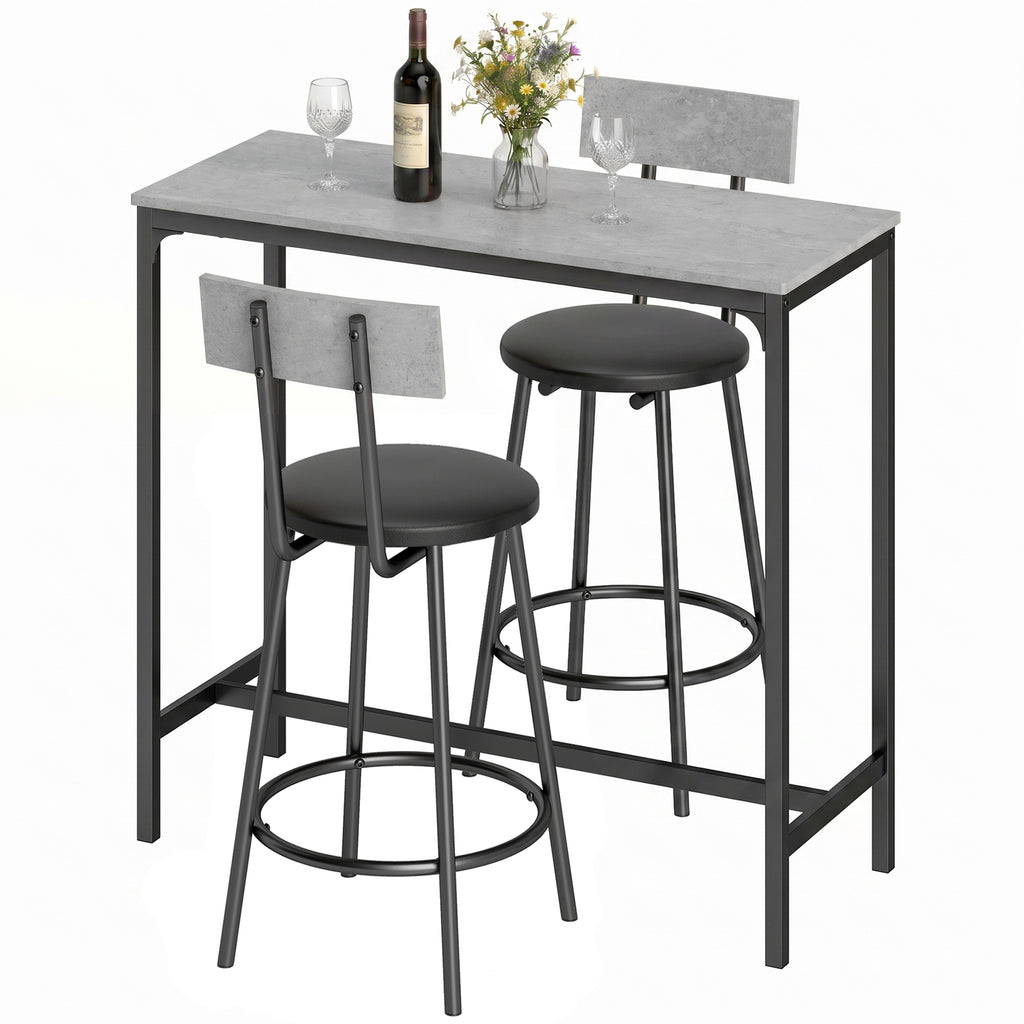 Bartisch mit Barhocker Set Tresentisch mit 2 gepolsterten Hockern mit Fußstütze für Esszimmer, kleinen Raum, Grau