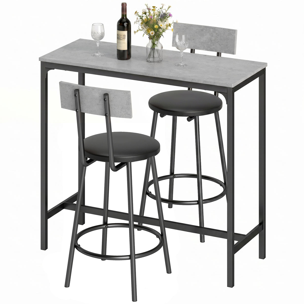 Bartisch mit Barhocker Set Tresentisch mit 2 gepolsterten Hockern mit Fußstütze für Esszimmer, kleinen Raum, Grau