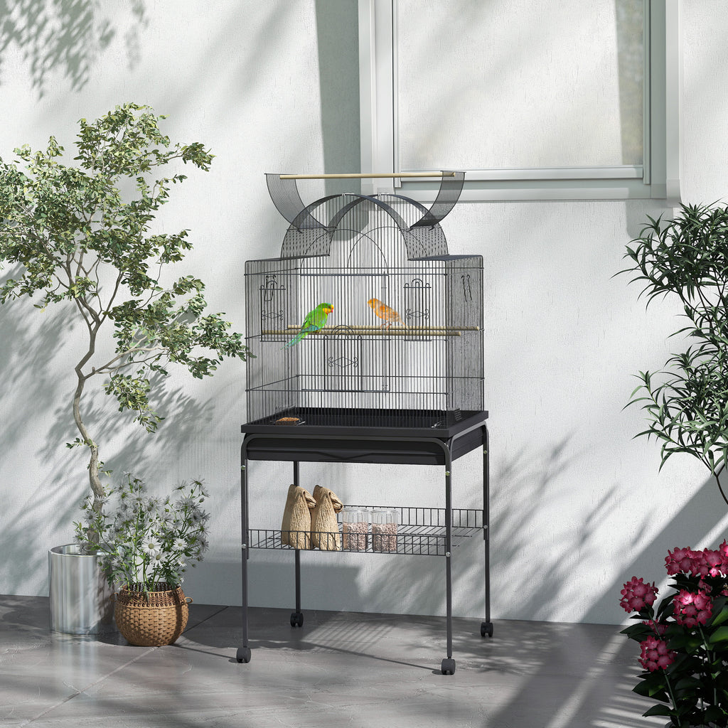 Vogelkäfig für Kanarienvögel & Wellensittiche, mobil, mit Bodenfach, Metallgitter, Schwarz