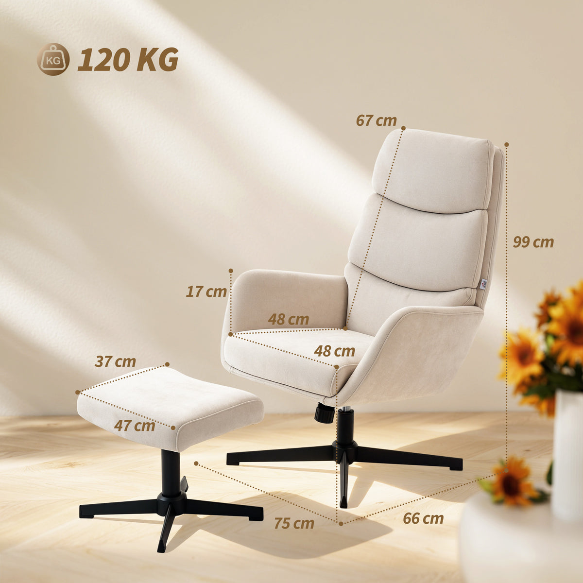 Polstersessel mit Fußhocker, Lounge-Sessel mit hoher Rückenlehne, Metallbasis, für Wohnzimmer, Schlafzimmer, Beige