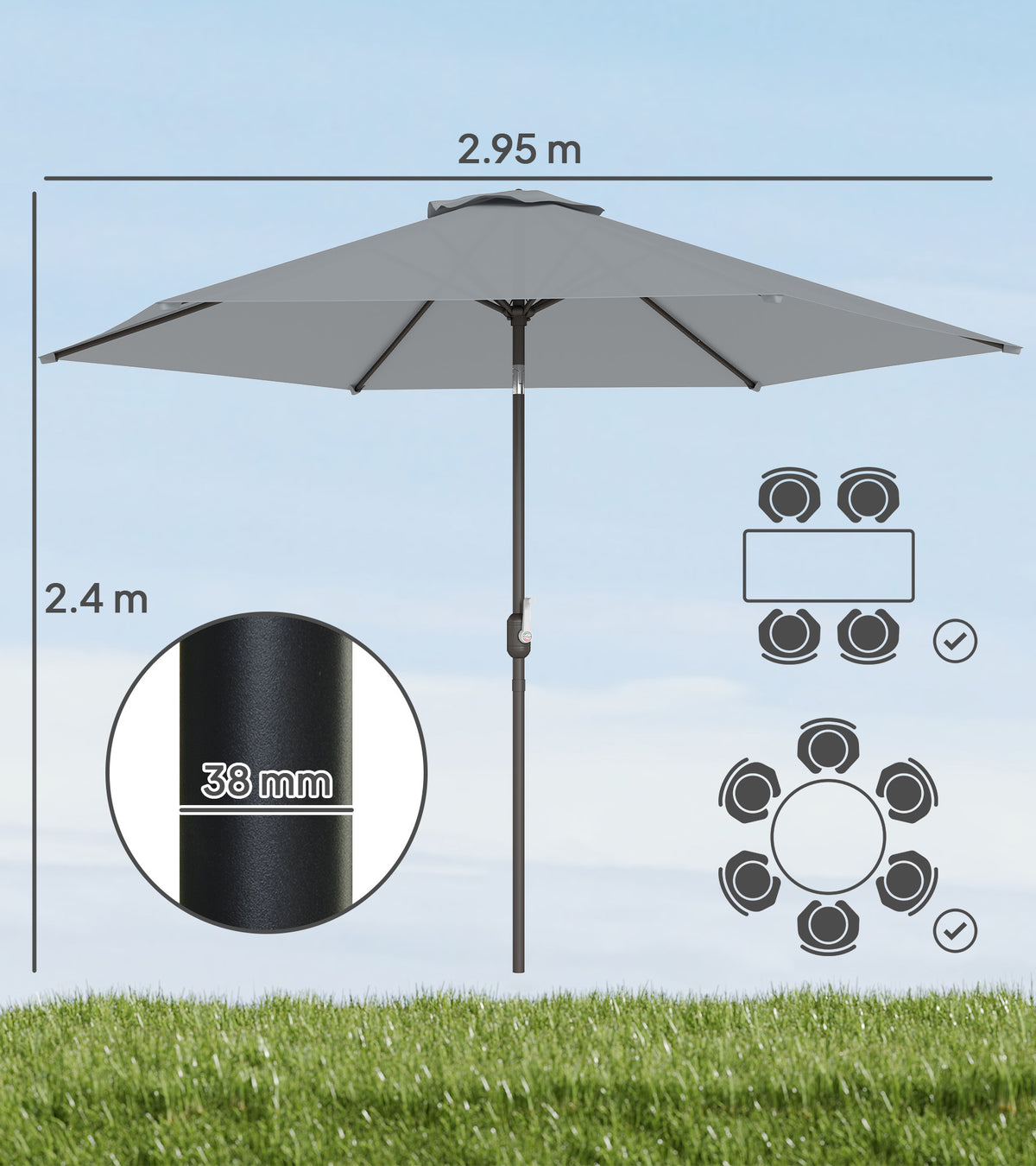 3 m Sonnenschirm mit Schutzhülle, Outdoor-Marktschirm mit Neigefunktion und Kurbel, Windöffnung, Grau