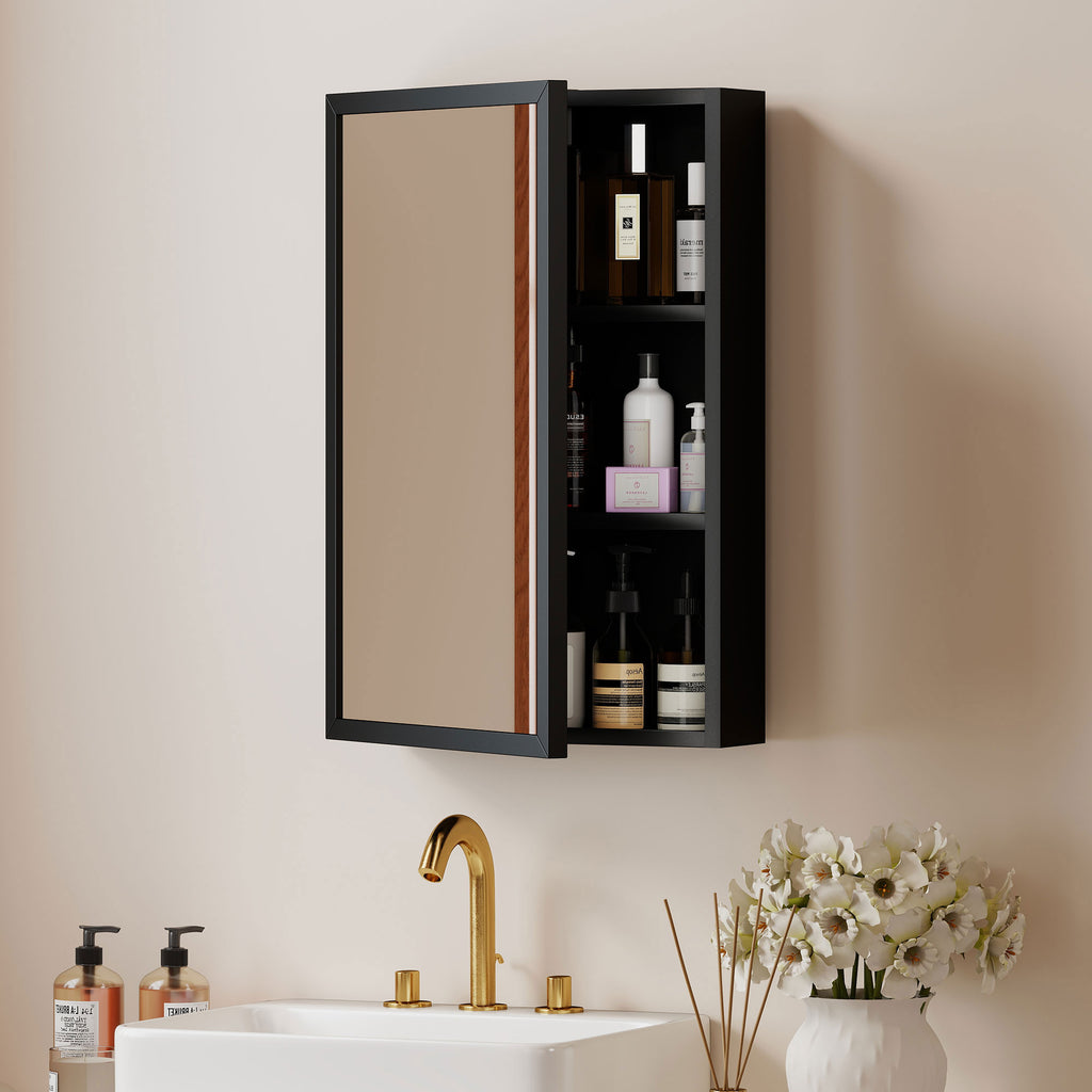 Spiegelschrank, Badschrank, 3 Regalfächer, Edelstahl, 40x12x60cm, Schwarz