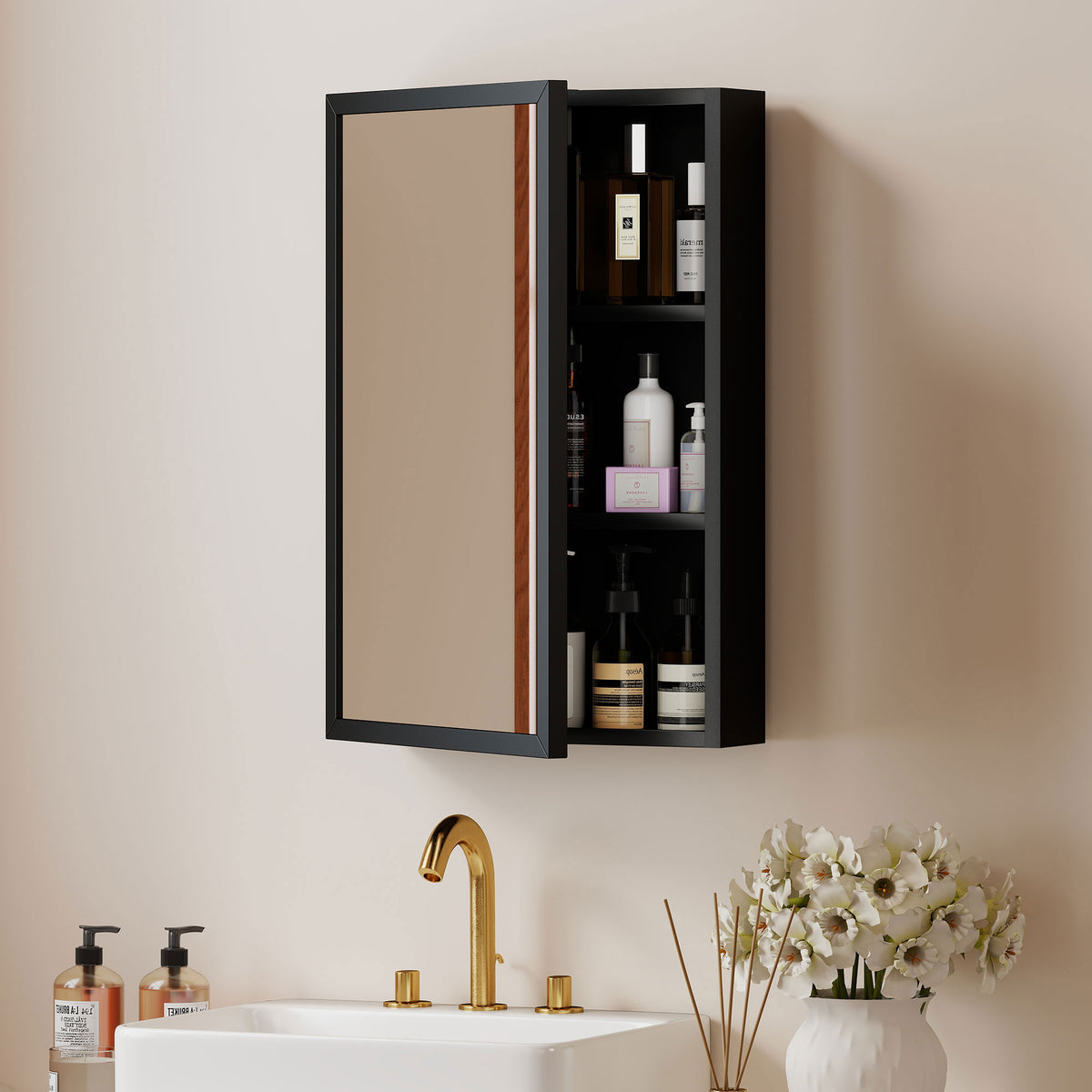 Spiegelschrank, Badschrank, 3 Regalfächer, Edelstahl, 40x12x60cm, Schwarz