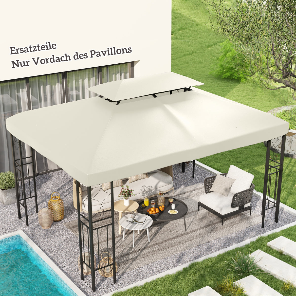 3x4m Gazebo Replacement Roof Canopy 2 Tier Top UV Cover Garden Patio Outdoor Sun Awning Shelters Cream (TOP COVER ONLY)
