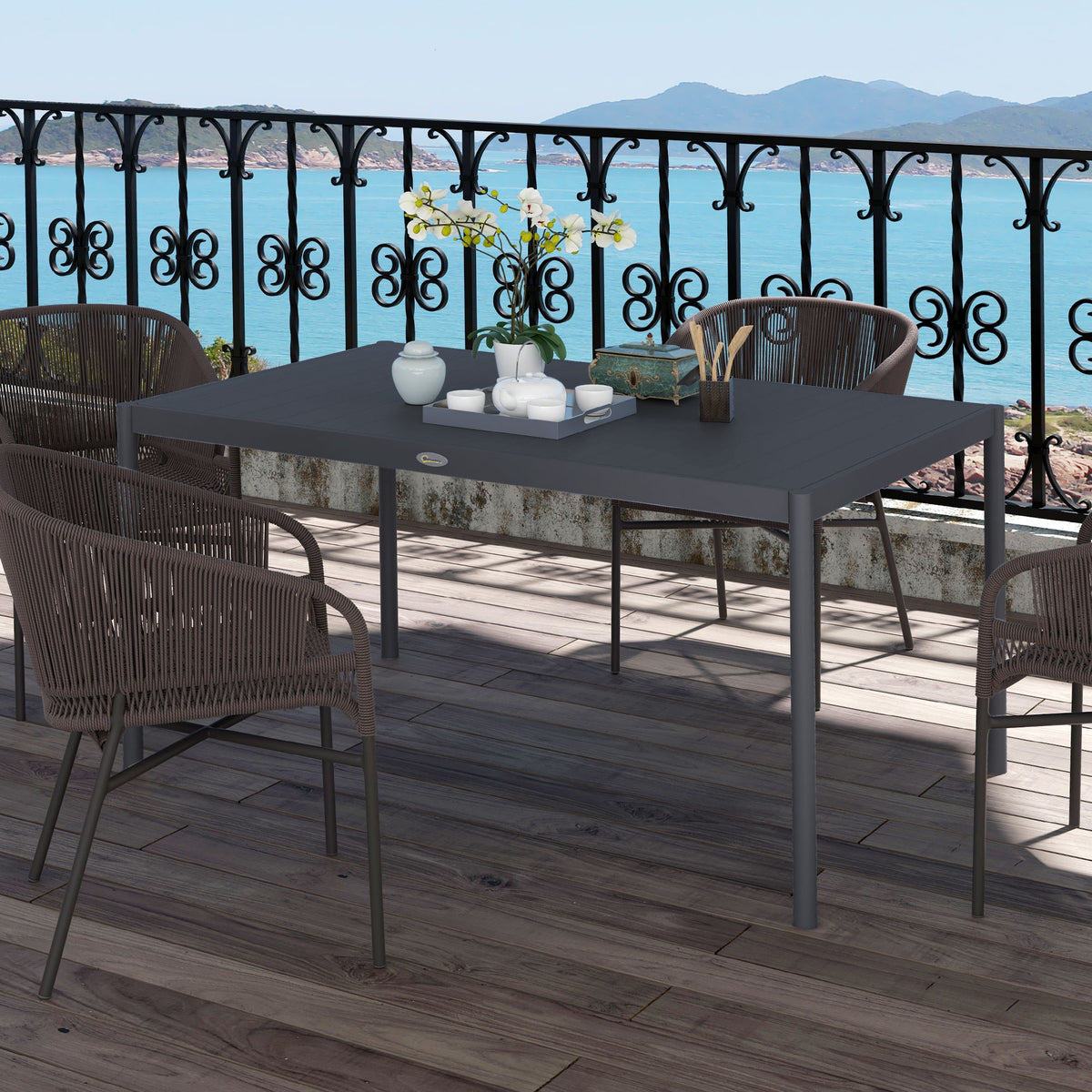 Six-Seater Outdoor Table with Slatted Aluminium Top and Steel Legs