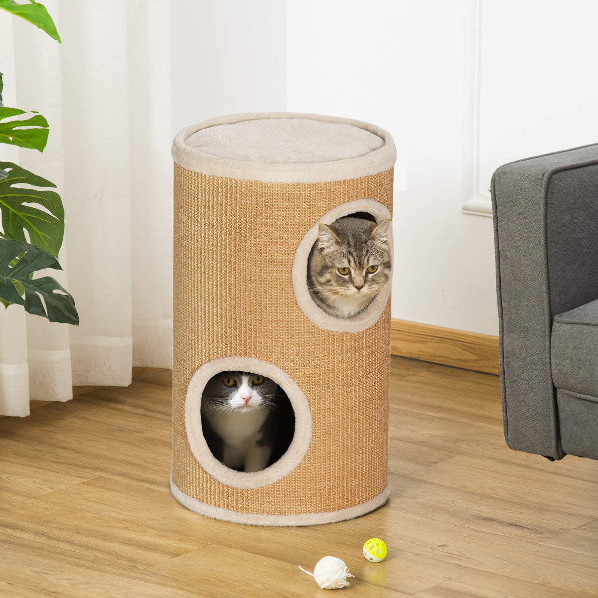 Katzenbaum mit viel Platz, Plüschbezug, Sisal-Oberfläche, Φ35 x 60H cm, Braun-Beige, 10 kg