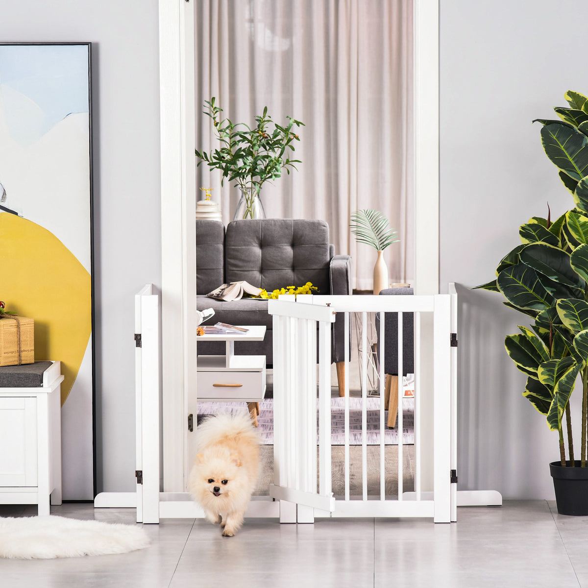 Absperrgitter Hund Freistehendes Schutzgitter mit Füßen 204 x 75 cm Holz Hundegitter Treppenschutzgitter Türschutzgitter Treppengitter für Treppen, Türen, Küche, Flur, 4 Paneelen, Weiß