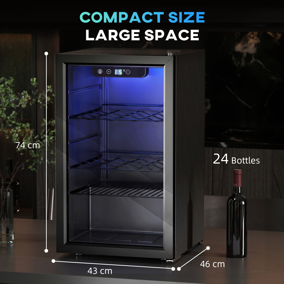 Weinkühlschrank 24 Flaschen, 68 Liter Kapazität, 4–16 °C Standgerät für Getränke, Bier und Wein mit Glas-Tür, Schwarz