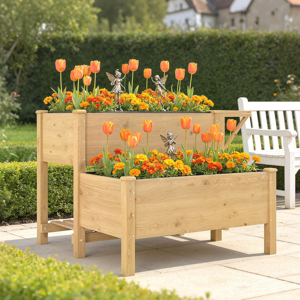 Hochbeet 2-stufig erhöhter Pflanzkasten mit Vliesstoff Abflussloch, Holz 119,5 x 102 x 76,5 cm Hellbraun