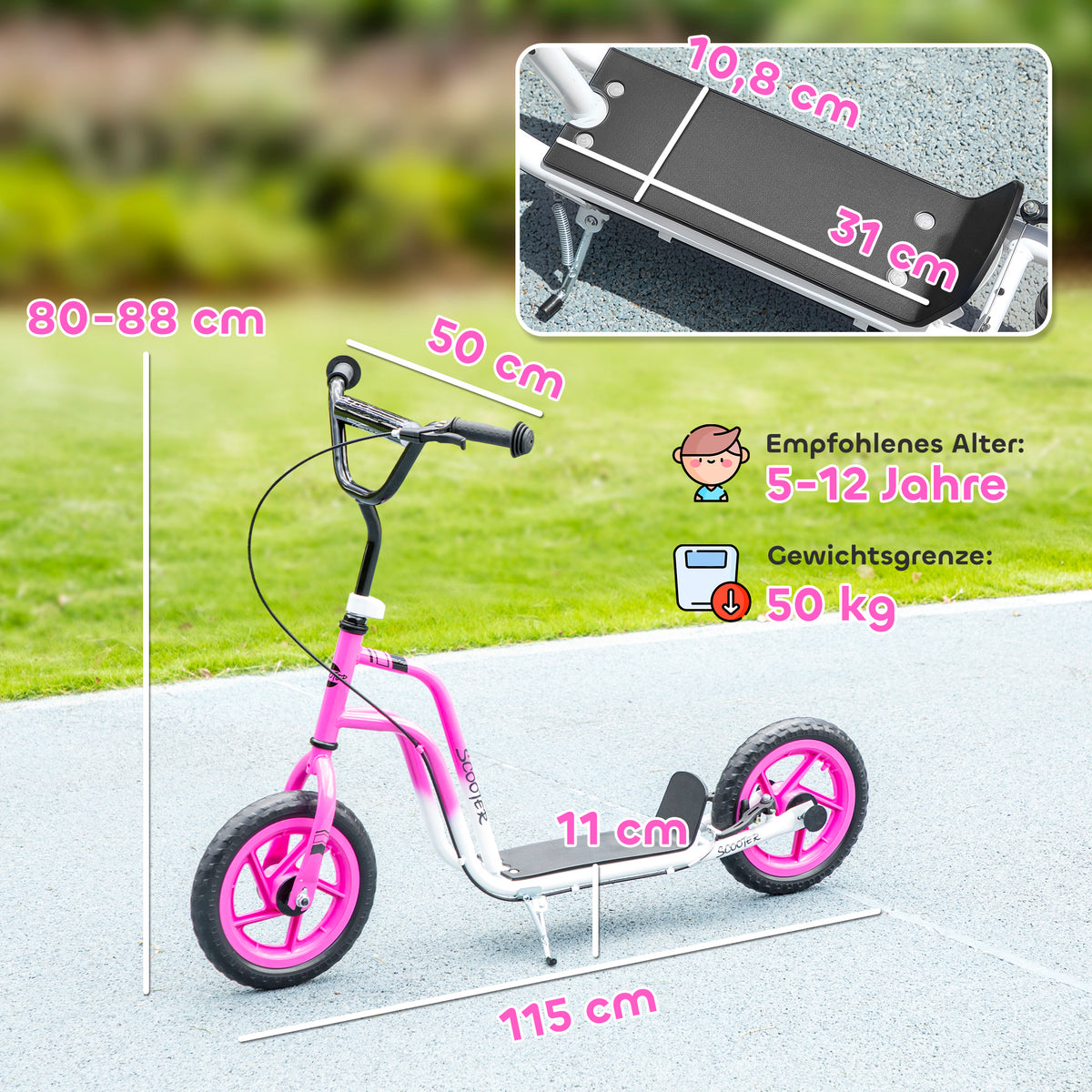 Kinderroller mit verstellbarem Lenker, große Räder, Parkständer, Handbremse, für Kinder im Alter von 5-12 Jahren, Rosa