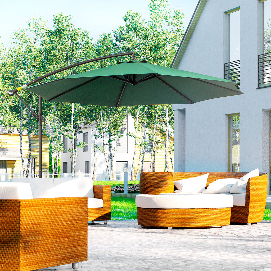 3(m) Garden Banana Parasol Hanging Cantilever Umbrella with Crank Handle, 8 Ribs and Cross Base for Outdoor, Sun Shade, Dark Green