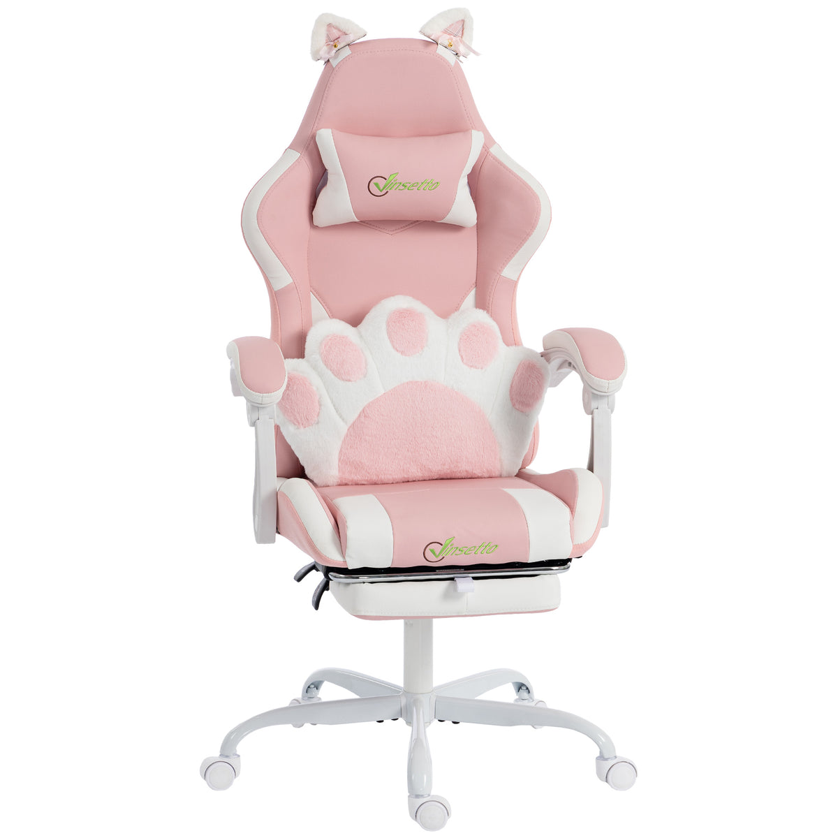 Ergonomischer Gaming-Stuhl, Katzenohren-Gamer-Stuhl aus Kunstleder mit Lendenstütze, Fußstütze, Kopfstütze, Rosa