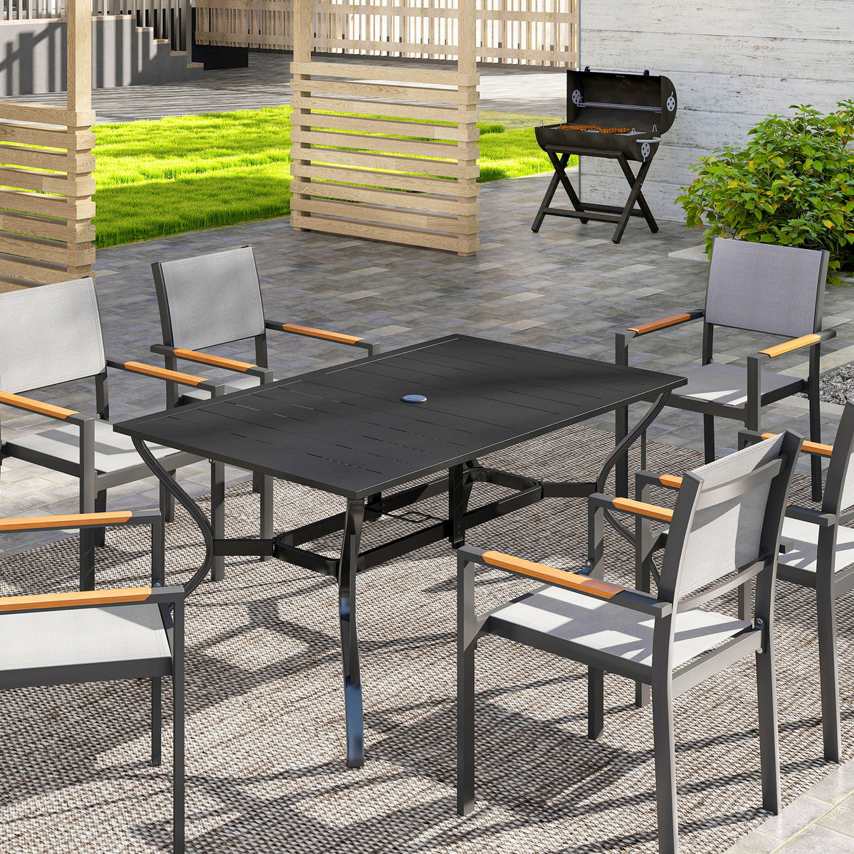 Rectangle Garden Dining Table with Parasol Hole, Patio Table with Steel Frame and Slat Tabletop, 150cm x 90cm, Black
