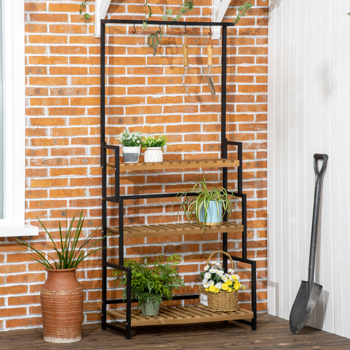 3 Tiered Plant Stand with Hanging Hooks, Flower Rack Shelf for Indoor Outdoor Porch Balcony Living Room Bedroom