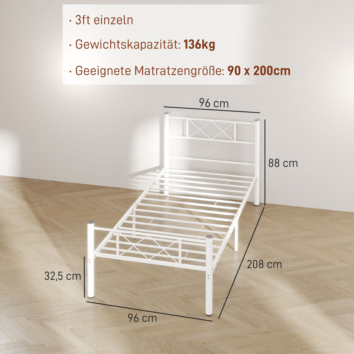Einzelbettgestell mit hohem Kopfteil, Leichte Montage, Stauraum unter dem Bett, Stahl, Wei?