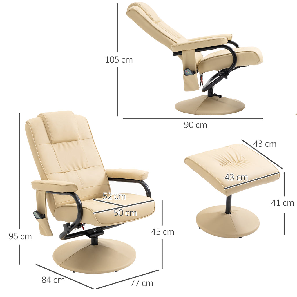 Relaxsessel mit Hocker, 360°drehbarer Fernsehsessel mit Massage, Liegefunktion, Massagesessel mit Seitentasche, TV-Sessel aus Kunstleder für Wohnzimmer Creme