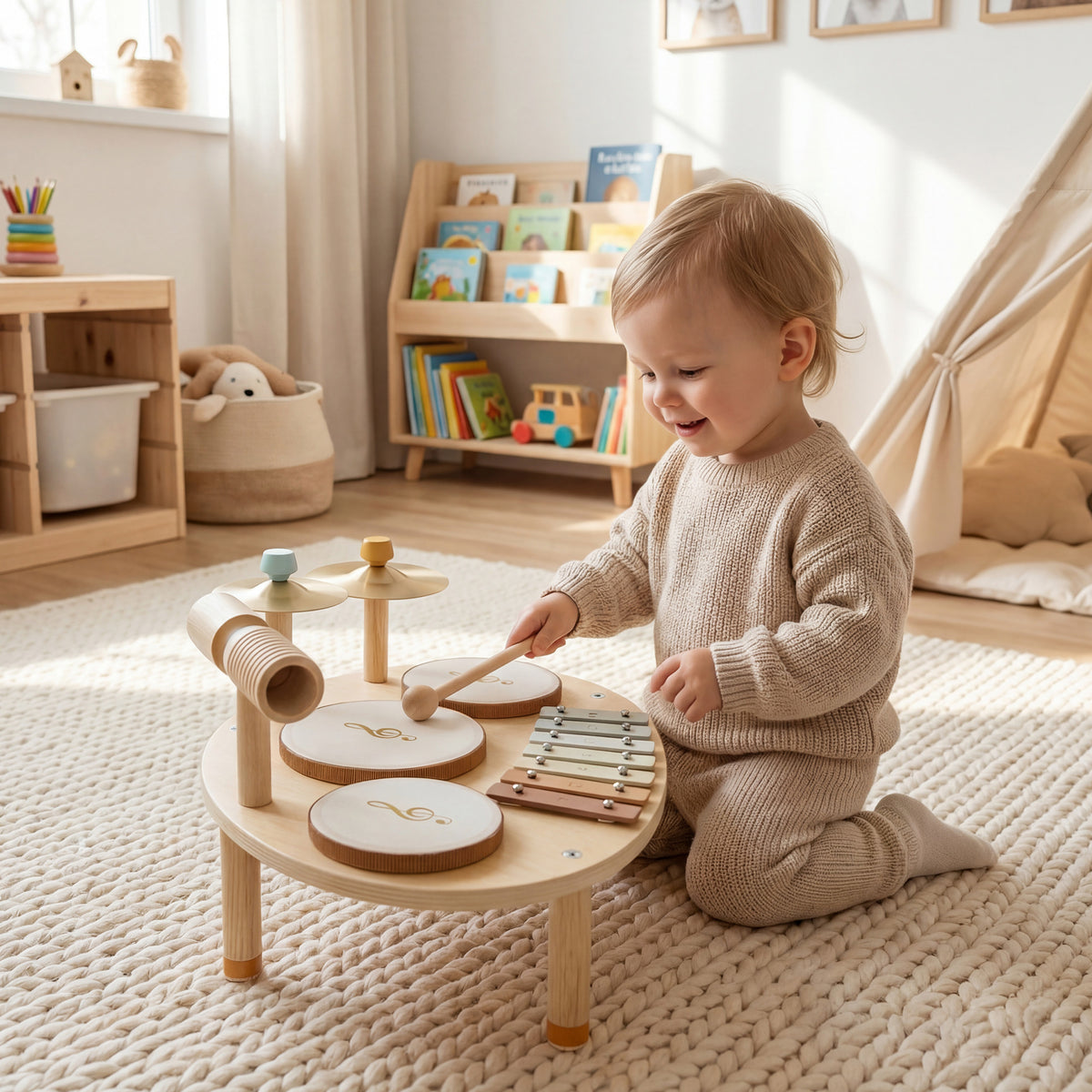 Baby Drum Kit, Wooden Kids Musical Instruments with Drums and Xylophone, Gifts for Girls Boys Birthday, Natural
