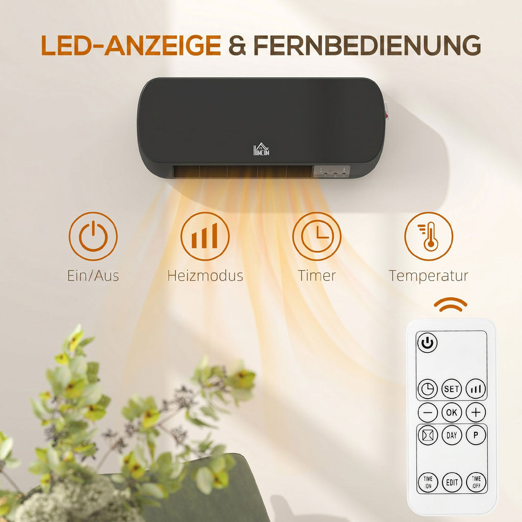 Heizlüfter zur Wandmontage 2000W mit Fernbedienung 2 Heizmodus LED-Display 12h Timer für Badezimmer