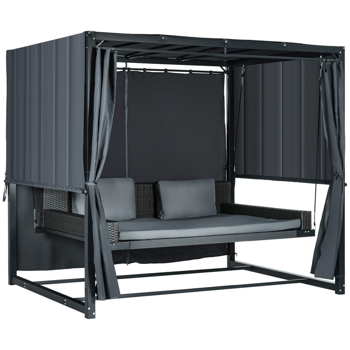 Outdoor-Schaukelbett aus PE-Rattan mit Baldachin, inkl. Kissen, wetterbeständig, 235 cm x 180 cm x 210 cm, Grau