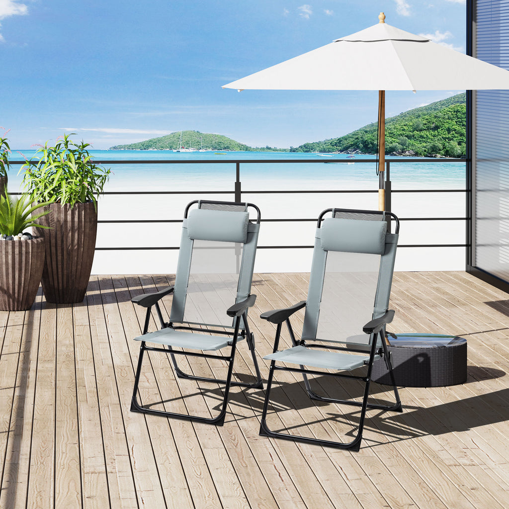 Folding Garden Chairs Set of 2, Portable Outdoor Patio Recliner Camping Chair with Adjustable Backrest, Grey